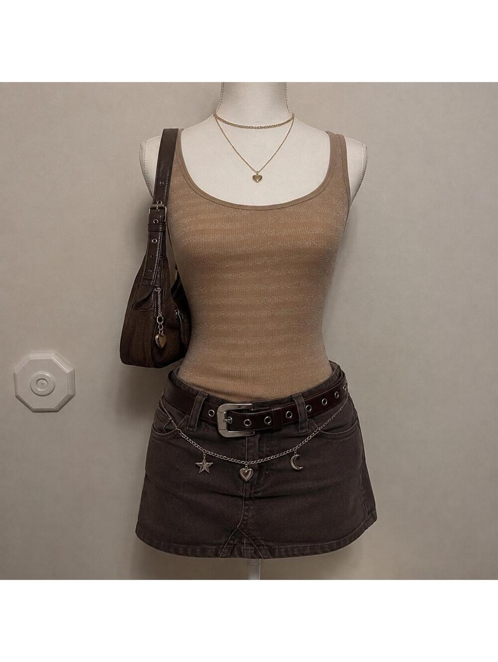 Vintage Y2K Old Navy Metallic Shimmer Ribbed Tank Top Tan Brown Fitted 2000s